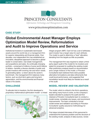Review, Reformulation and Audit for a Global Environmental Asset Manager